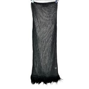 Finesse Dress Black Fishnet Mesh Black Silver Strapless Feather Trim Midi Size M